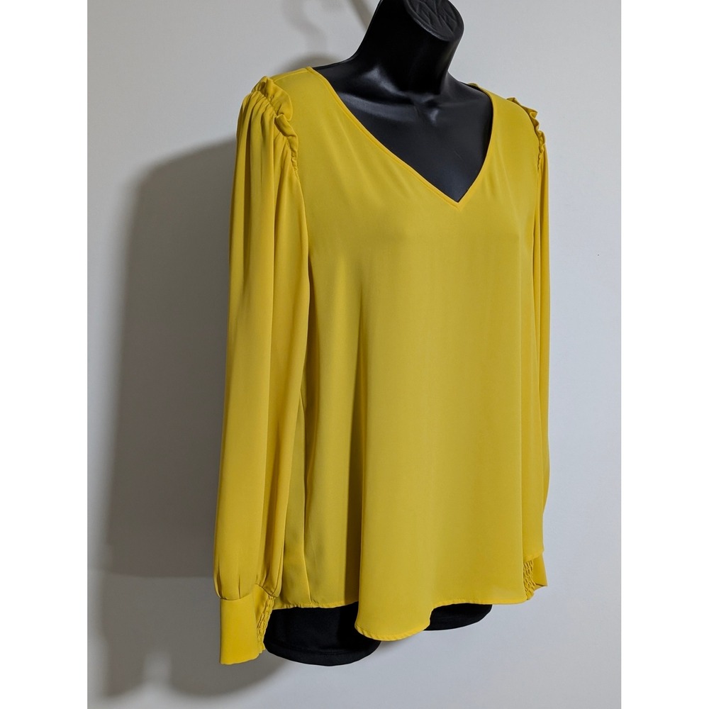 LOFT Yellow Blouse Long Sleeve Ruffle Detail V-Neck Top Size Medium - Picture 2 of 5
